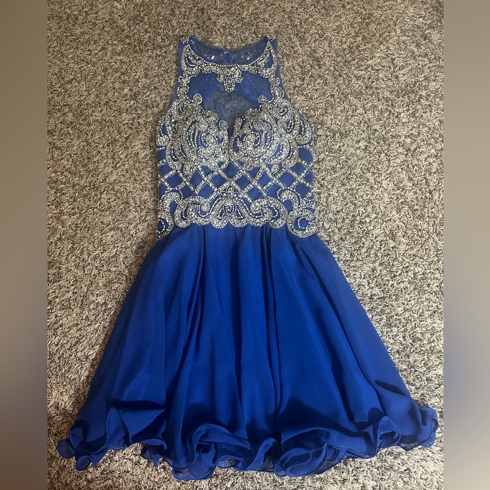 Elegant Blue Formal Dress with Silver Detailing